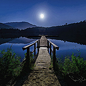 A dock on the water with a full moon in the background.