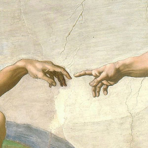 A painting of the creation of adam in a church.